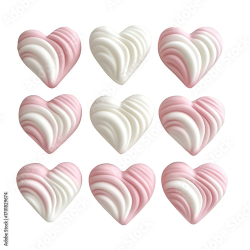 Nine pink and white heart shaped candies isolated on transparent background