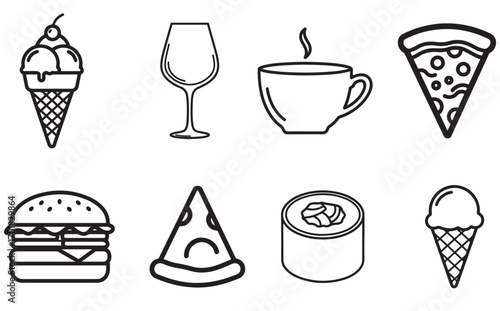 A collection of food and drink icons in black and white line art featuring various culinary items