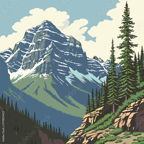 Rocky mountains peak with forest landscape under cloudy sky during bright day