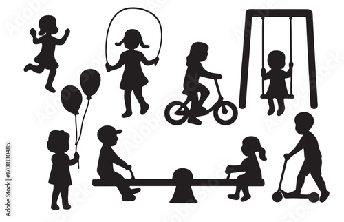 Children Playing Silhouette Set Kids Outdoor Activities Playground Vector Illustration