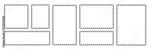 Scalloped rectangle Frame set. Outline border template. Simple label vector. Minimalist wavy line frames. Blank rectangular text box. Scallop edge stamp
