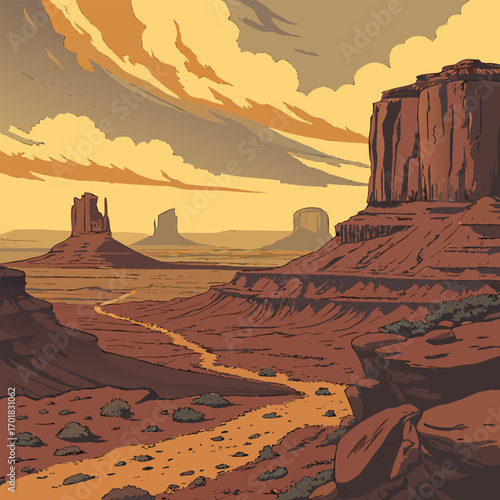 Scenic desert landscape showcases towering sandstone buttes under a dramatic sky at daytime