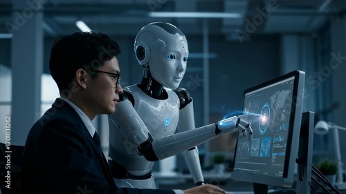 Asian business man and humanoid robot working together on computer, interacting with digital data for artificial intelligence development footage.
