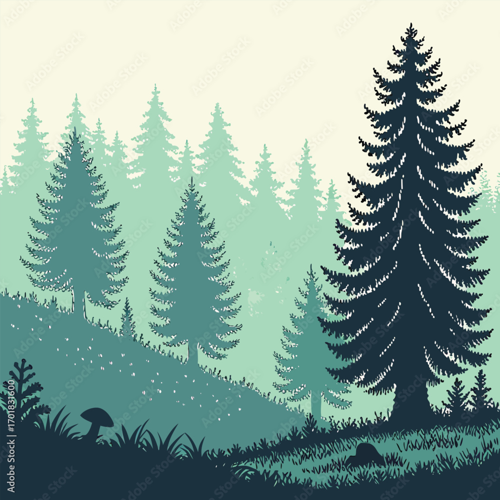 Obraz premium Silhouetted pine trees stand in a moody green forest landscape against light backdrop
