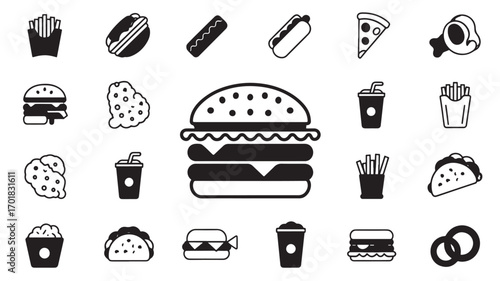 A collection of various fast food icons including burgers fries pizza hot dogs tacos and soft drinks representing popular junk food choices