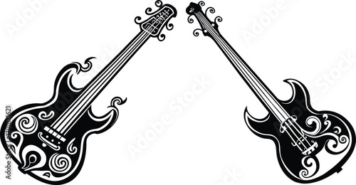 Two stylized black and white stringed instruments facing each other on white