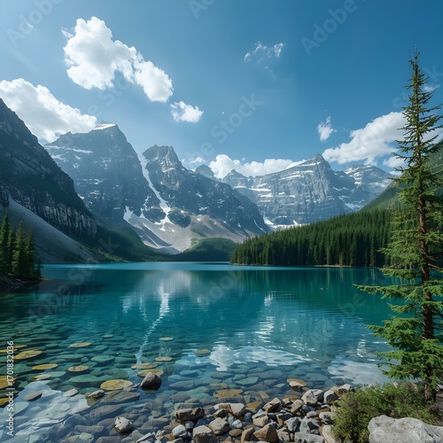 Serene Lake Landscape with Mountains and Greenery
