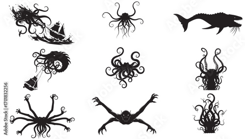 Collection of black silhouettes featuring sea monsters and creatures on a white background design elements