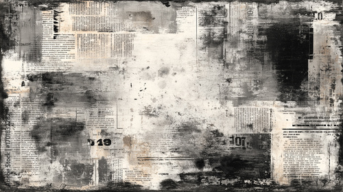 Aged newspaper texture with scuffs, grey stains and abstract collage of printed texts on the background.
