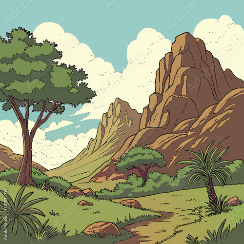 Sunny landscape displays a path winding through grass towards large mountains under bright skies