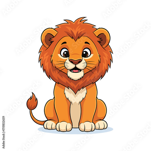 Cute cartoon lion cub sitting, smiling, and looking friendly.