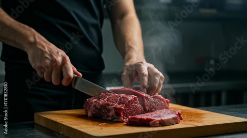 Chef man cutting raw meat on a wooden board for cooking process. Preparing fresh beef steak with a knife in a professional kitchen video.