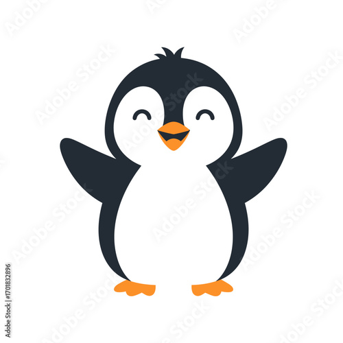 Cartoon illustration of a happy penguin with open wings, smiling, on a white background.