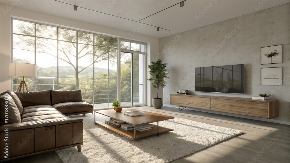 Fototapeta premium Modern living room with large windows showcasing nature, cozy furnishings, and clean lines creates a serene atmosphere in an elegant urban apartment