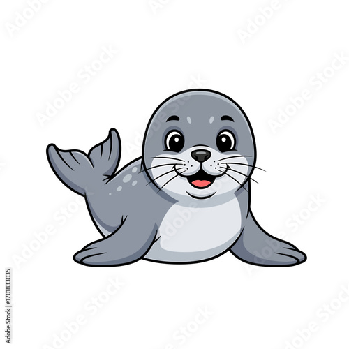Cartoon seal character with a friendly smile, lying on its belly and waving its flipper.