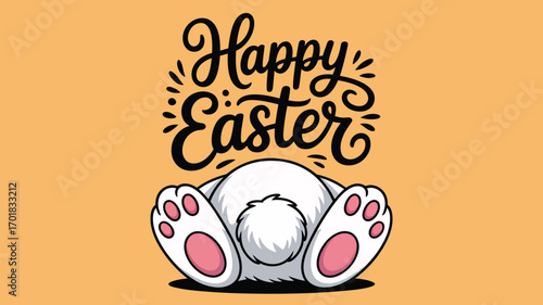Happy easter text above a bunny tail and feet on a peach background in cartoon illustration style