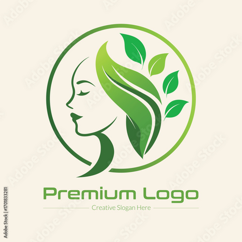 Elegant circular logo design featuring a woman s profile silhouette merged with lush green leaves symbolizing natural beauty and organic wellness