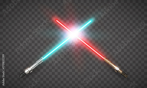New realistic design red and blue crossed light swords on transparent background. Star wars concept. Vector illustration