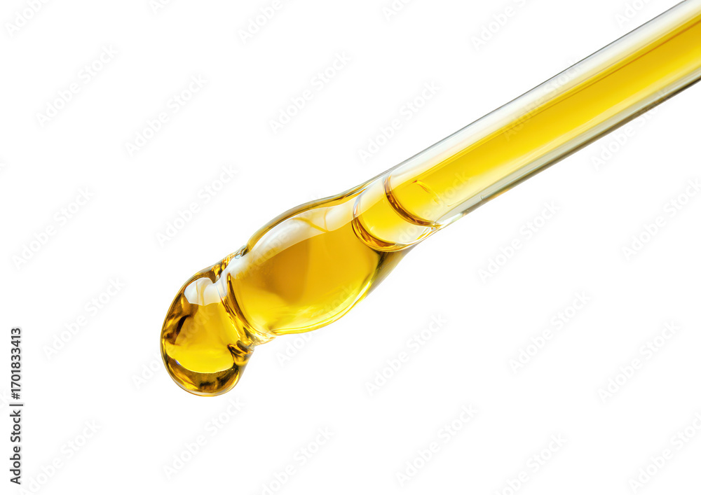 Fototapeta premium Close up of a pipette with a drop of yellow oil isolated on transparent background