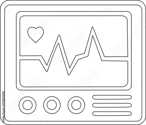 Flat icon of heart rate monitor showing ECG waveform on screen, black and white design.medical diagnostics, cardiology, vital signs, hospital tech, patient monitoring, emergency care.