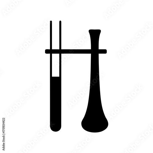 Simple stylized illustration of a test tube and flask held by clamp