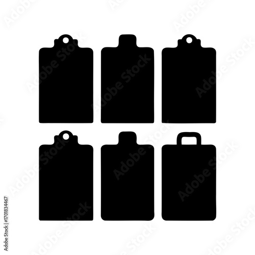 Set of six different black clipboard or document holder silhouettes shapes