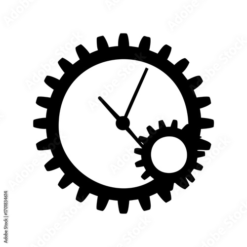 Clock mechanism with interacting gears representing time, industry, and mechanical design