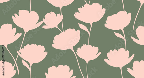 Elegant Floral Silhouette Repeat Pattern On Green Background