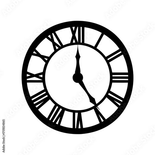 Striking Black and White Clock Face with Roman Numerals Design Elements