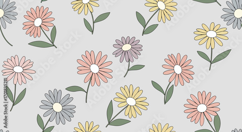 Floral Pattern With Colorful Daisy Flowers On A Neutral Background