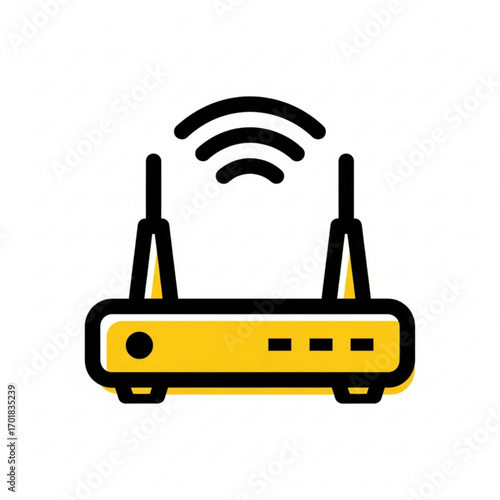 Vector art of yellow wifi router with antennas and signal waves