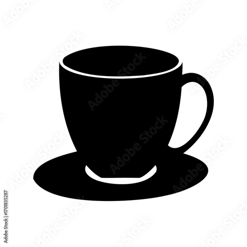 Black Silhouette of Coffee Cup and Saucer on Clean White Background