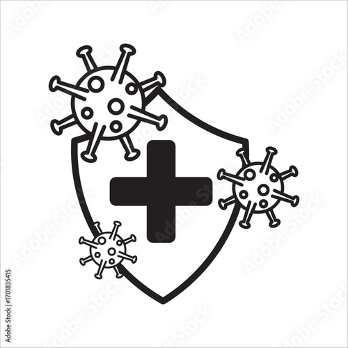 Conceptual black and white icon illustrating a robust immune system shield, actively defending against invisible viral threats and promoting overall health and well-being