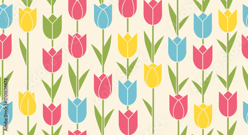 Retro Tulips Floral Pattern Background Design Template In Pastel Colors