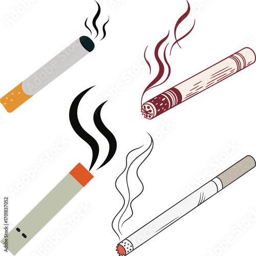 Collection of Cartoon Cigarettes and Cigars with Smoke on a White Background