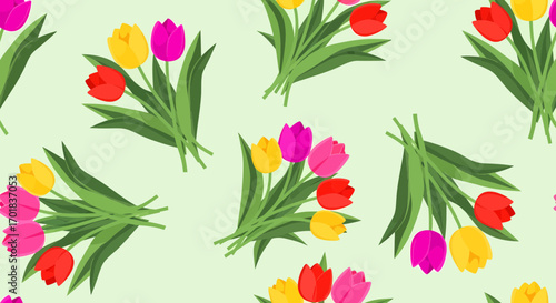 Seamless Pattern Of Colorful Tulips Isolated On Light Green Background