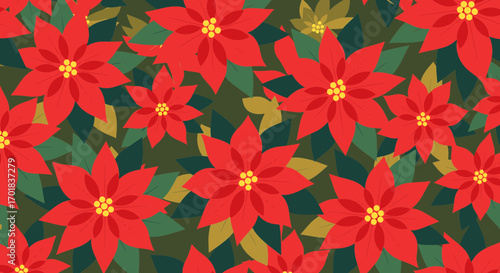 Seamless Poinsettia Pattern Red Festive Flowers And Green Leaves Design