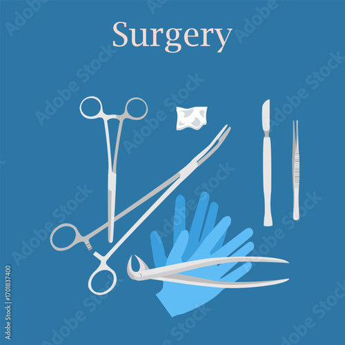 various surgical instruments as well as a swab and gloves on a blue background