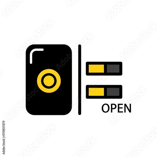 Illustration of a safe with two battery level indicators and the word open