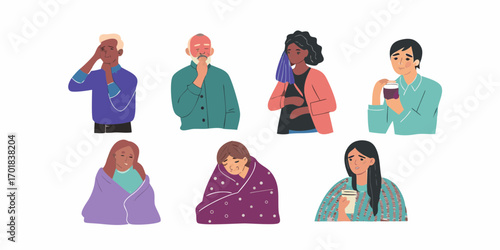 Diverse group of people experiencing various symptoms of illness and discomfort seeking relief