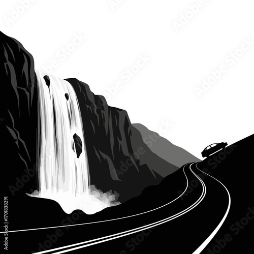 Car driving on a winding road near a waterfall silhouette isolated on white background