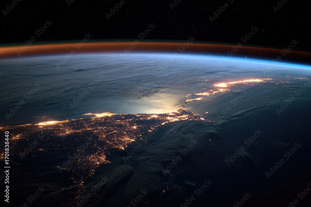 Obraz premium Earths Night Side Illuminated City Lights From Space Orbit.