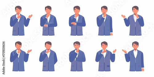 Collection of business man poses showing various emotions and gestures in flat design style