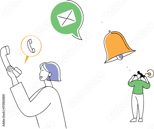 Communication icons and people interacting with technology and notifications