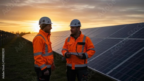 Two technicians in hard hats and orange reflective jackets discuss solar panel maintenance and inspection at a solar farm at sunrise, video footage.