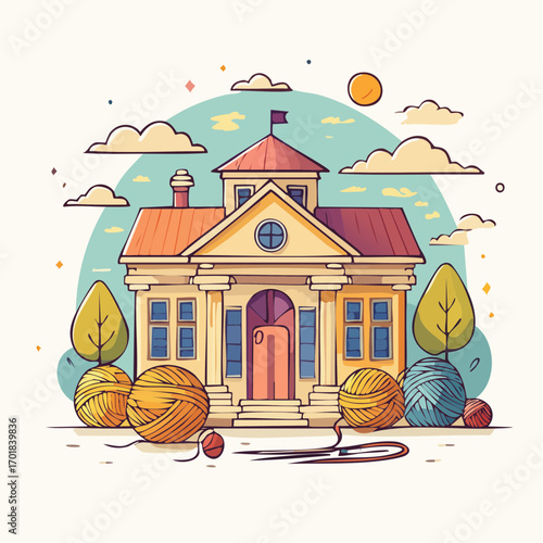 Yarn Balls and Thread Next to a Two Story House Illustration