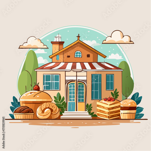Charming Bakery Shop With Freshly Baked Goods and Green Bushes in Pixel Art
