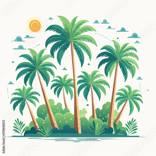 Tropical Island With Lush Palm Trees Under Sunny Sky