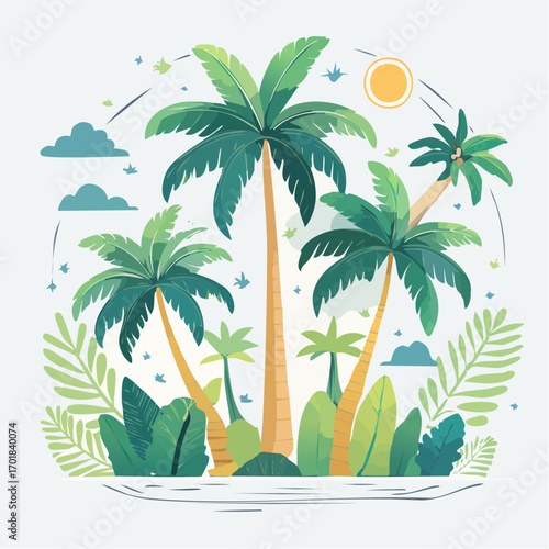 Tropical Island Paradise With Palm Trees And Lush Greenery
