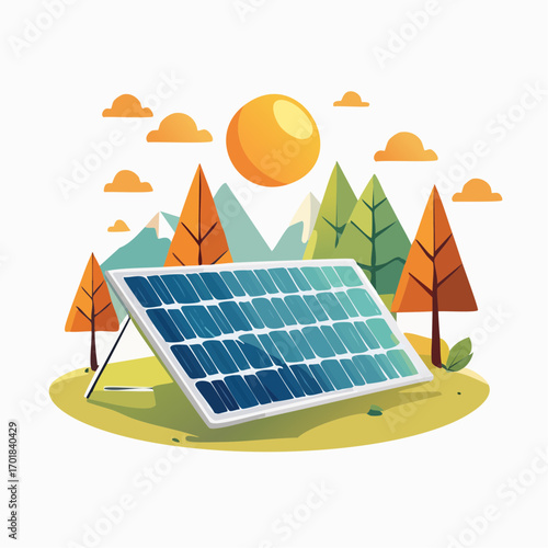 Solar Panel In Nature With Sun Mountains And Trees